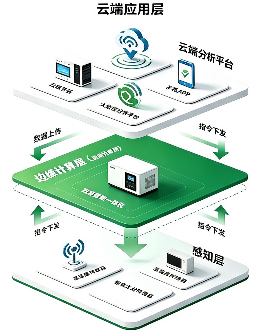 数智低温鲜储系统逻辑框架:感知层、边缘计算层与云端应用层数据流转